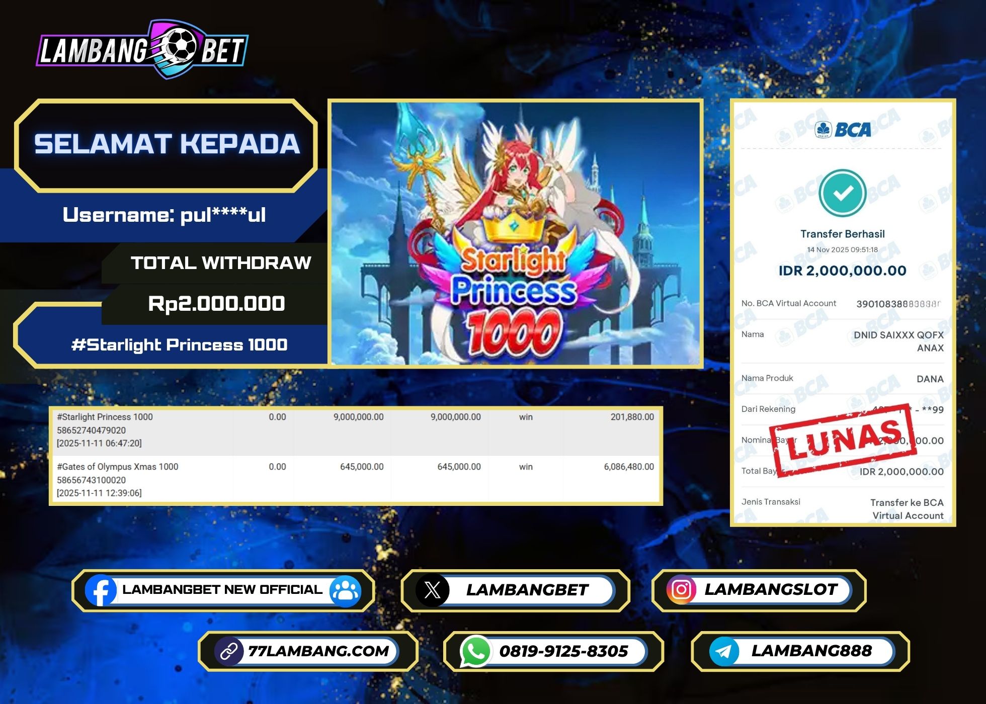 LAMBANGBET [14 NOVEMBER 2025] JACKPOT SLOT Starlight Princess 1000 "Rp2.000.000" LUNAS
